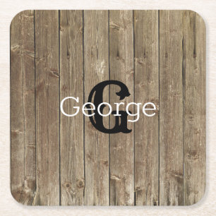 Monogram Naam Brown Wood Gepersonaliseerd Kartonnen Onderzetters