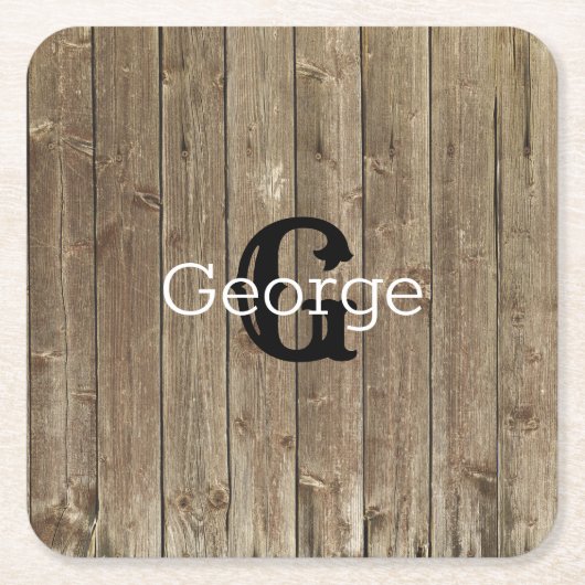Monogram Naam Brown Wood Gepersonaliseerd Kartonnen Onderzetters (Voorkant)