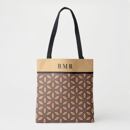 Monogram naam Burgundy Tan Black Abstract Floral Tote Bag (Voorkant)