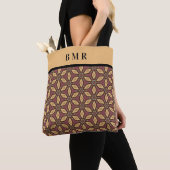 Monogram naam Burgundy Tan Black Abstract Floral Tote Bag (Dichtbij)