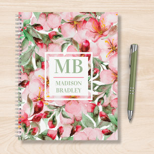 Monogram naam Cherry Blossom Waterverf Floral Notitieboek