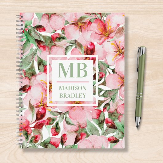 Monogram naam Cherry Blossom Waterverf Floral Notitieboek