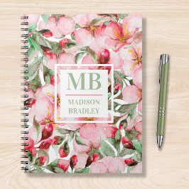 Monogram naam Cherry Blossom Waterverf Floral Notitieboek