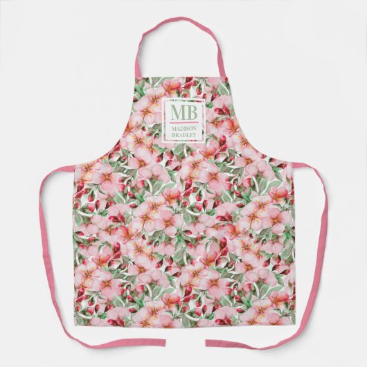 Monogram naam Cherry Blossom Waterverf Floral Schort (Voorkant)
