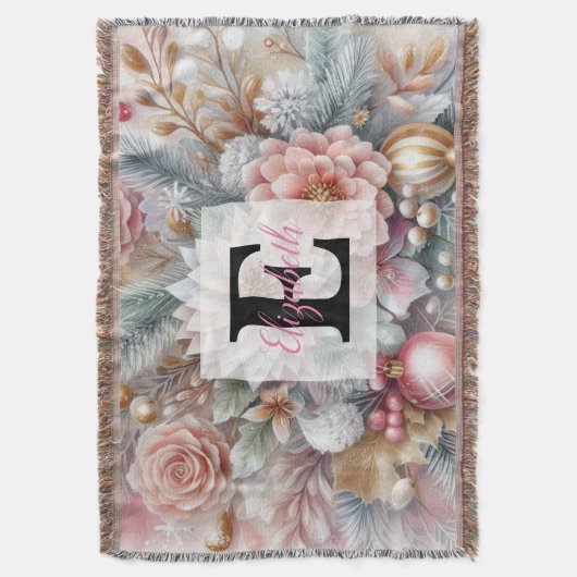 Monogram naam Christmas floral pastel waterverf Deken (Voorkant Verticaal)