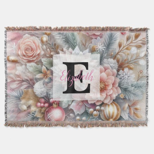 Monogram naam Christmas floral pastel waterverf Deken (Voorkant)