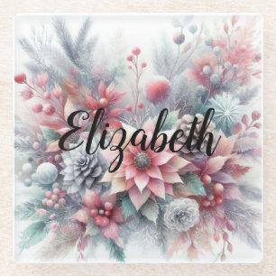Monogram naam Christmas floral pastel waterverf Glazen Onderzetter