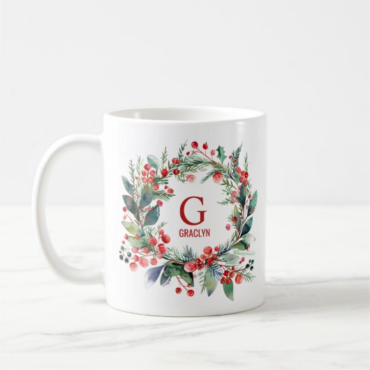 Monogram Naam Christmas Greenery Koffiemok (Links)