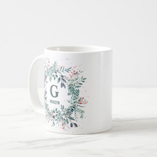 Monogram Naam Christmas Greenery Koffiemok (Voorkant links)