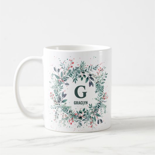 Monogram Naam Christmas Greenery Koffiemok (Links)