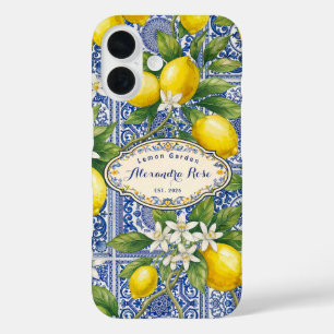 Monogram Naam Citroen Blauwe Franse Landelijke Teg iPhone 16 Hoesje