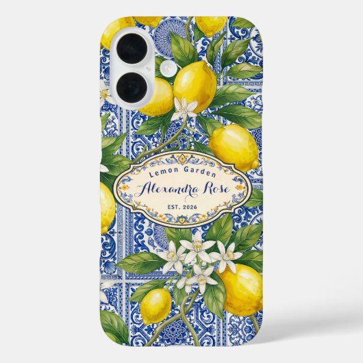 Monogram Naam Citroen Blauwe Franse Landelijke Teg Case-Mate iPhone Case (Achterkant)