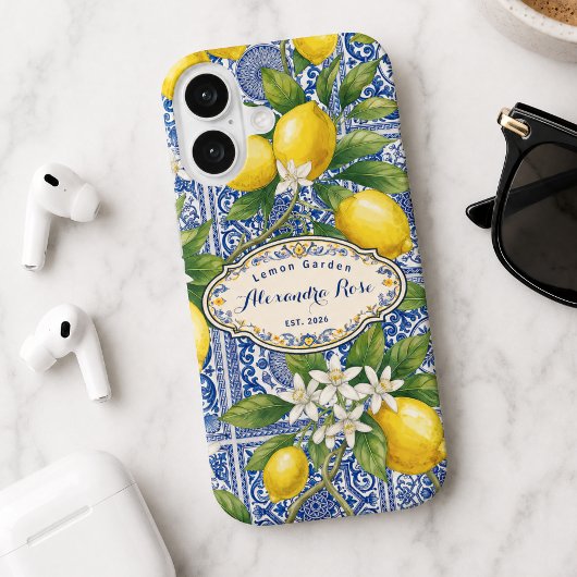 Monogram Naam Citroen Blauwe Franse Landelijke Teg Case-Mate iPhone Case