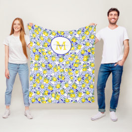 Monogram Naam Citroen Blauwe Franse Landelijke Teg Fleece Deken