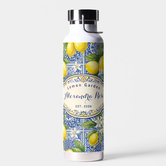 Monogram naam citroengele blauwe Franse landelijke Waterfles (Links)