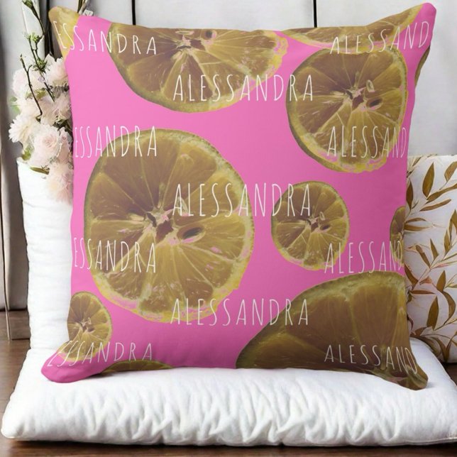 Monogram naam citroenschijfjes heet roze geel meis kussen (Creator heeft geüpload)