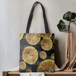 Monogram naam citroenschijfjes zwart geel wit tote bag