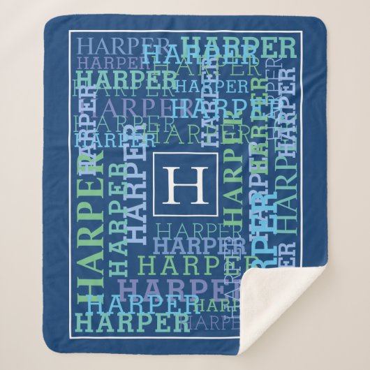 Monogram Naam Cloud Blue Sherpa Deken (Voorkant)