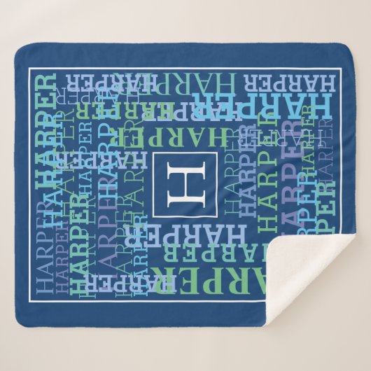 Monogram Naam Cloud Blue Sherpa Deken (Voorkant (horizontaal))