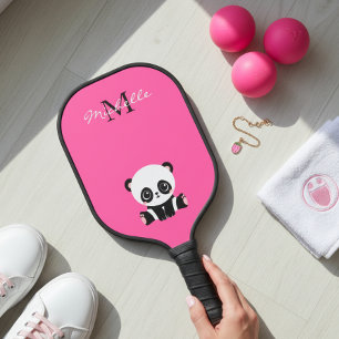 Monogram Naam Cute Panda Eenvoudig Roze Pickleball Paddle