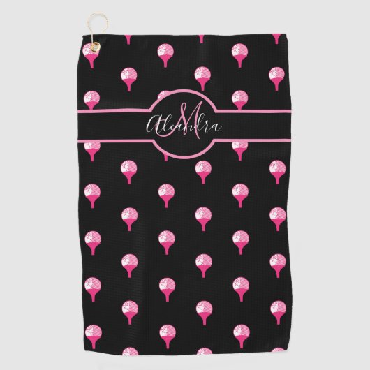 Monogram naam Cute Pink Golf Ball op T-shirt Black Golfhanddoek (Voorkant)