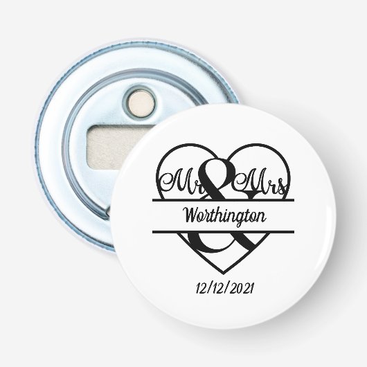 Monogram Naam Datum Hart Trouw  Button Flesopener (Voorkant)