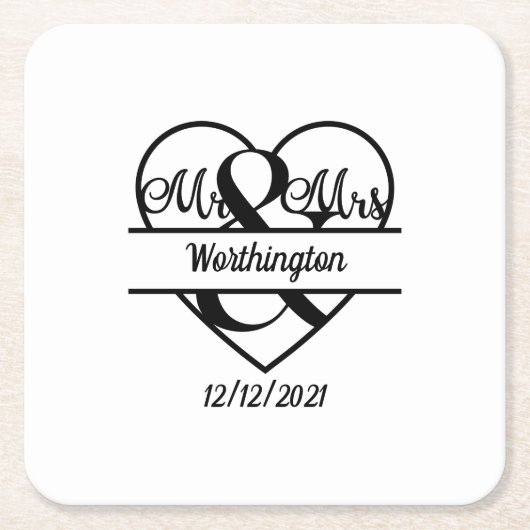 Monogram Naam Datum Harthuwelijk Kartonnen Onderzetters (Voorkant)