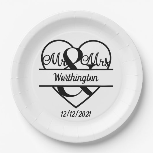 Monogram Naam Datum Harthuwelijk Papieren Bordje (Voorkant)