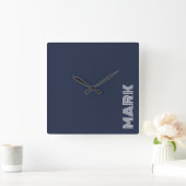 Monogram naam donkerblauw wit moderne strepen vierkante klok (Huis)