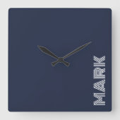 Monogram naam donkerblauw wit moderne strepen vierkante klok (Voorkant)