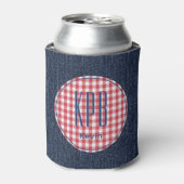 Monogram Naam Donkerblauwe Denim Print Ginghamruit Blikjeskoeler (Blikje Voorkant)