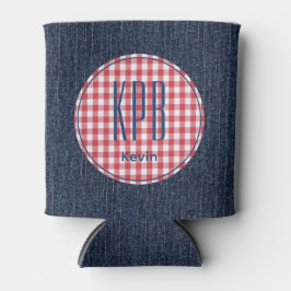 Monogram Naam Donkerblauwe Denim Print Ginghamruit Blikjeskoeler