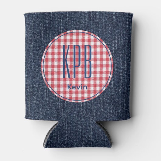 Monogram Naam Donkerblauwe Denim Print Ginghamruit Blikjeskoeler (Voorkant)