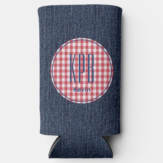 Monogram Naam Donkerblauwe Denim Print Ginghamruit Seltzer Blikjeskoeler (Voorkant)
