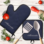 Monogram Naam Duidelijk Stevig Navy Blauw gekleurd Ovenwant & Pannenlap Set