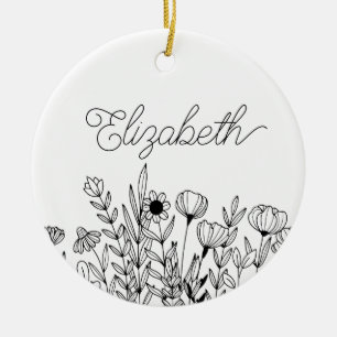 Monogram Naam Eenvoudig Minimalistisch Bloemen Gra Keramisch Ornament