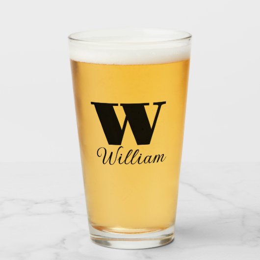 Monogram Naam Eenvoudig Zwart Script Bier Glas (Voorkant gevuld)