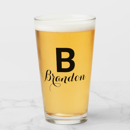 Monogram Naam Eenvoudig Zwart Script Bier Glas (Voorkant gevuld)