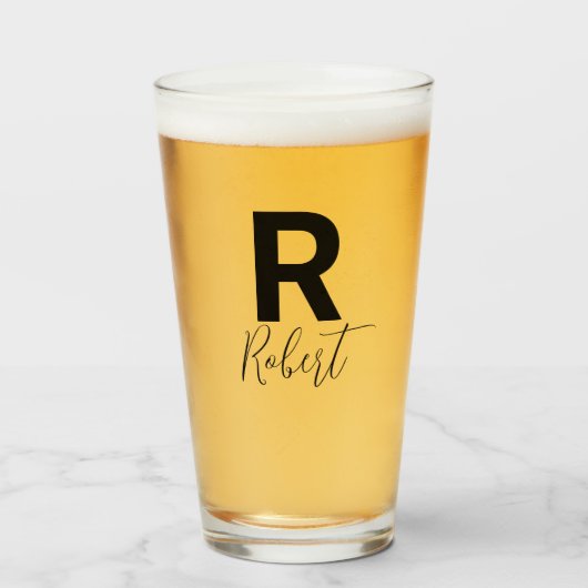 Monogram Naam Eenvoudig Zwart Script Bier Glas (Voorkant gevuld)