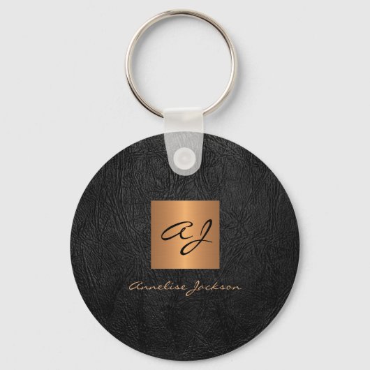 Monogram naam elegant modern zwart goud sleutelhanger (Voorkant)