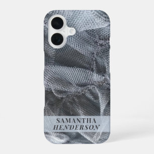 Monogram Naam Elegant Zwart Grijs Tule Toile Look iPhone 16 Hoesje