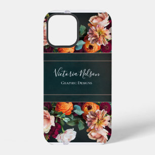 Monogram naam Elegante bloemrijke roestige zwarte  iPhone 12 Hoesje