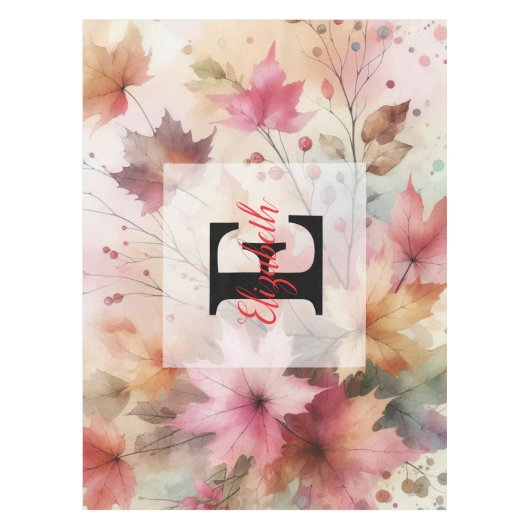 Monogram naam Fall bladeren in pastels waterverf Tafelkleed (Voorkant)