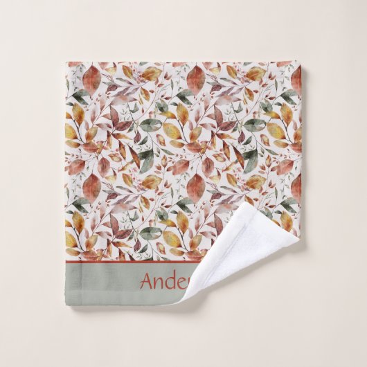 Monogram Naam Fall Leaves Green Oranje Red Bad Handdoek (Wasdoekje)