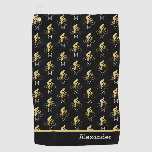 Monogram Naam Fiets Goud Zwart Golf Handdoek (Voorkant)