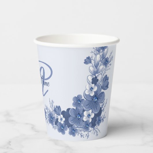 Monogram Naam Floral Blue Grey Rustic Elegant Papieren Bekers (Achterkant)