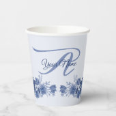 Monogram Naam Floral Blue Grey Rustic Elegant Papieren Bekers (Links)