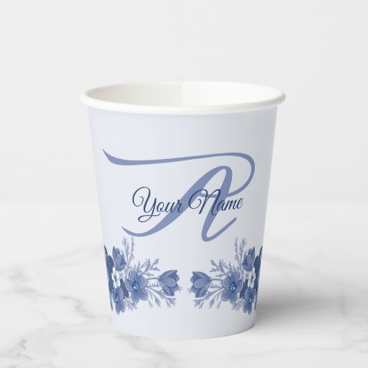 Monogram Naam Floral Blue Grey Rustic Elegant Papieren Bekers (Links)