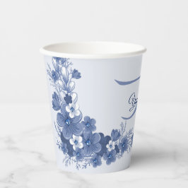 Monogram Naam Floral Blue Grey Rustic Elegant Papieren Bekers
