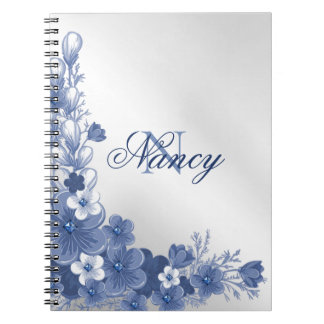 Monogram naam Floral Blue Silver Grey Elegant Notitieboek